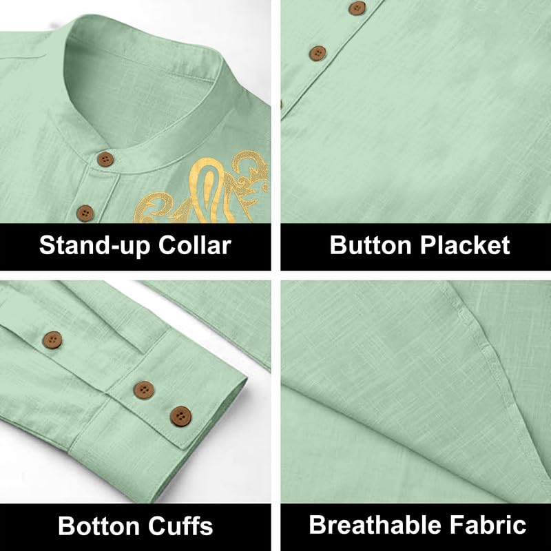 Image of Cotton Blend Self Design Printed Casual Short Kurta for Men Long Sleeve Mandarin Collar Stylish Kurta Shirt for Men