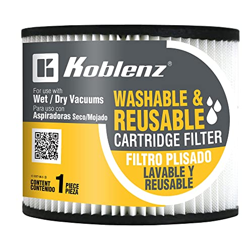 Koblenz Washable Cartridge Filter, Fits 5-16 Gallon Wet-Dry-Blow Vacuum Tanks, Washable and Reusable Filter, Easy to Install, Long-Lasting, 45-11169-00-7