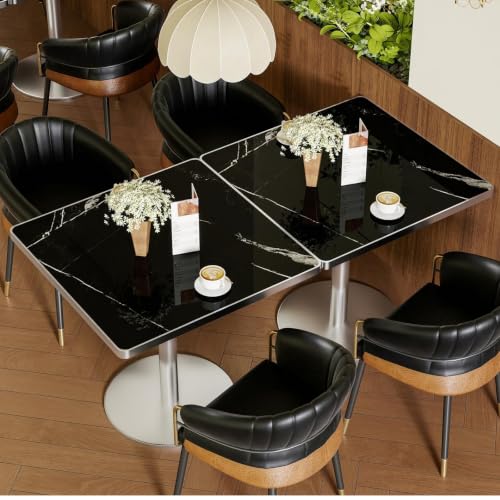 Image of 63 inch Square Dining Table, Tulip Table with 1.2 inch Thick Sintered Stone Tabletop and Silver Metal Pedestal Base, Small Square Dining Tables for Diner,Bar,Restaurant,kitchen,Bakery,Apartment (Marble Black)