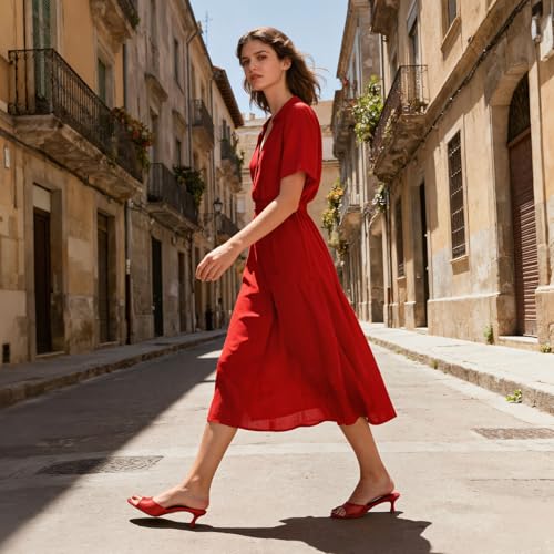 VOMIRA Kitten Heels for Women Red Sandals Round Open Toe Slip On Heeled Sandals Slide Sandals Mesh Slingback Red Heels Summer Party Dressy Heels by VOMIRA - Used condition - Image 2