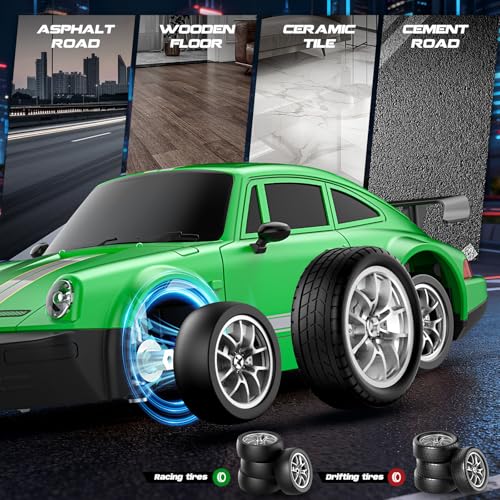 Image of RC Drift Car 1:24 Scale, 4WD Remote Control Car with LED Lights 20KM /H High Speed, Dual-Mode Racing & Drifting Toy Car with 2 Batteries, Gift for Kids & Adults, Green