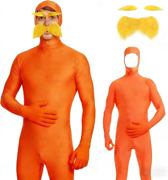 RUITOTP Lorax Kostüm Ganzkörper Bodysuit Orange Orangener Ganzkörperanzug Slenderman Unisex Greenscreen Karneval Ganzkörper Open Face Bodysuit für Karneval Cosplay Halloween Fasching S-XXL