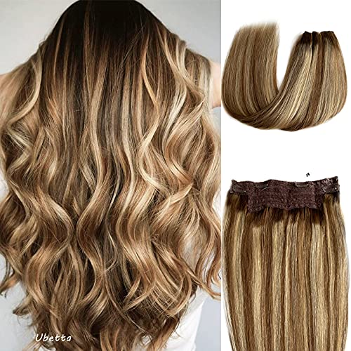 Ubetta Hair Extensions Ombre Brown to Ash Brown to Blonde Highlights Halo Remy Crown Hair Extensions Invisible Wire Fish Line Hair Extensions Straight 100% Human Flip Hair Extensions 20inch 100G