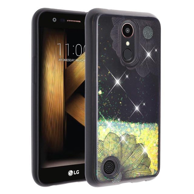 SOGA Compatible for LG Aristo/LG Aristo 2/LG Aristo 3/LG Tribute Dynasty/LG Fortune/LG Fortune 2/LG Phoenix 3/LG Risio 2/LG Risio 3/LG Rebel 3/LG Zone 4 Case Liquid Glitter Phone Cover Black Flower