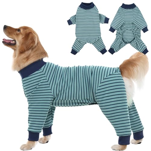 IECOii Soft Dog Pajamas for Large Breeds, Long Sleeve & 4-Legs Dogs Pjs Warm Pet Sleepwear for Cool to Cold Weather, Stretchable Striped Anti-Shedding