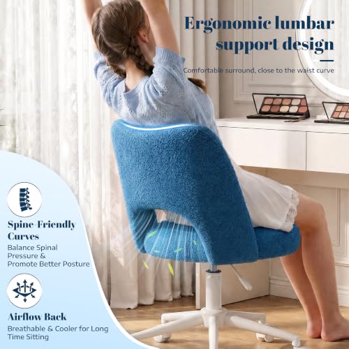 Image of DurayLoly Vanity Chair with Wheels,Soft Teddy Fabric 6 inch Thick Cushion, Height Adjustable 17.5 inch-21.5 inch, Open Back, 360 Swivel for Vanity Table, Home Office Dark Blue