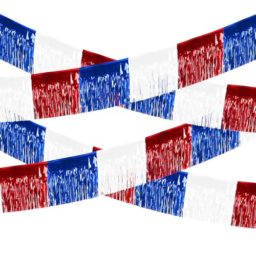 Image of 4th of July Decorations 4 Pack Tinsel Foil Fringe Garland Curtains Streamers Hanging Red White Blue Fringe Backdrop Banner for Parade Floats Decorations 4th of July America Patriotic Day Memorial Day