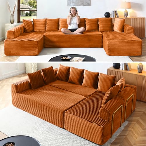 Image of Oversized Cloud Boneless Couch with Chaise, 145 inch Modern U Shape Modular Deep Seat Sectional Sofa, Comfy Corduroy Upholstered Couches for Living Room, No Assembly Required, Orange