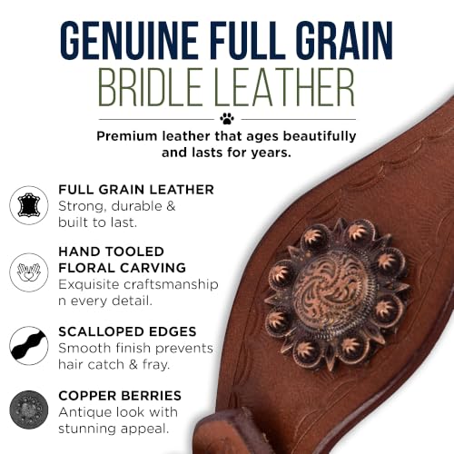 Image of Genuine Leather Dog Collar, X Large, Scalloped Edges, Hand Tooled | Brass Buckle, D Ring, Adventure, Thick Leather, Heavy Duty, Hand-tooled Western Design, Fit Neck Size 22 inch-26 inch