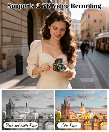 Image of Vintage Digital Camera, 64MP 2.7K Retro Point and Shoot Camera with Autofocus, 2 inch IPS Waist-Level Screen & 16GB TF Card, 16X Zoom Compact Photography Camera for Beginners Kids Black
