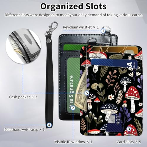 Slim Minimalist Front Pocket Wallet,Credit Card Holder Wallet for Women Men,RFID Blocking Credit Card Holder Case Leather Cute Thin Small Wallet ID Window&Wrist Strap,Red Mushroom Black3