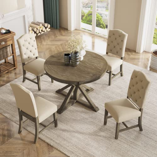 WILLIAMSPACE Wood Dining Table, Round Extendable Kitchen Table, Retro Dining Table for 4 to 6, Country Rustic Dinner Table for Dining Room Living Room (Natural Wood Wash)