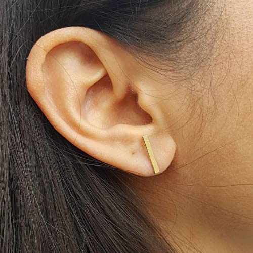 Real 14K Solid Gold Bar Earrings, Dainty Bar Stud Earrings, Gold Bar Line Studs, Hypoallergenic Real Gold Studs, Gold Earrings, Gold Bar Stud Earrings For Women Girls, #TOP5