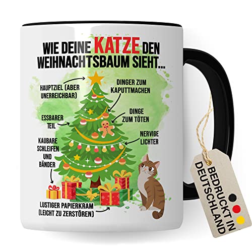 Katzen Tasse Weihnachten Kaffeetasse lustig Weihnachtsbaum Kaffee-Becher Katzenliebhaber Geschenkidee Vierbeiner Katzenhalter Geschenk Tasse mit Spruch Humor Sarkasmus Glühweintasse (Weiß/Schwarz)