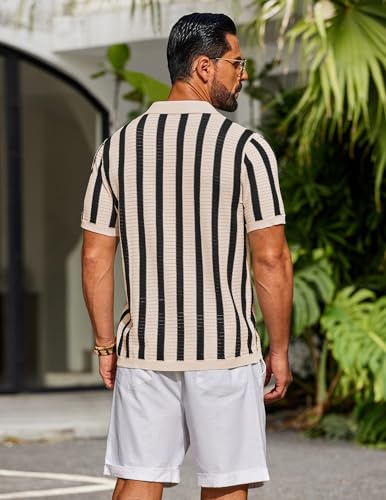 Image of COOFANDY Men's Knit Shirts Short Sleeve Button Down Polo Shirt Striped Casual Summer Beach Shirts