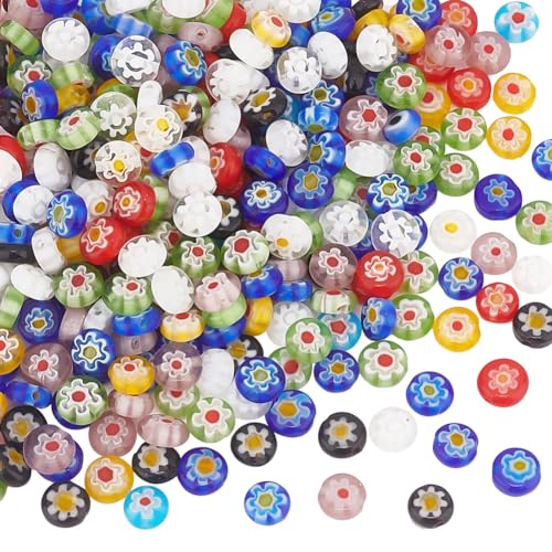 PH PandaHall 325Pcs/5 Strands Millefiori Lampwork Glass Beads 6mm Flat Round Flower Glass Beads Handmade Flower Millefiori Lampwork Bead Loose Spacer Bead for Jewelry Making DIY Crafts
