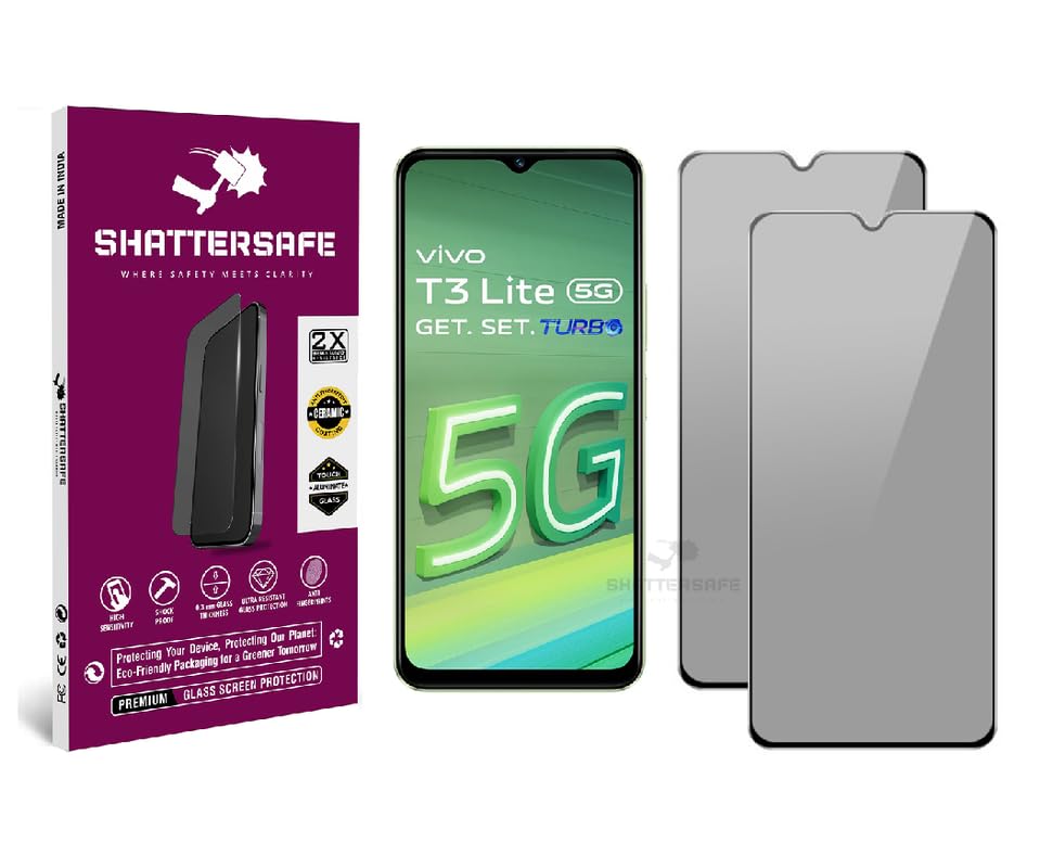 Image of Anti-Spy Privacy Tempered Glass Compatible For Vivo T3 Lite 5G [Pack of 2]. 9H Hardness, Anti-Scratch, Edge-to-Edge Protection With Easy Installation Kit & Case Friendly Fit.