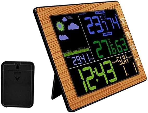 Estación meteorológica con veta de Madera, barómetro, termómetro, higrómetro, Sensor inalámbrico, Pantalla LCD, pronóstico del Tiempo, Reloj Despertador Digital.