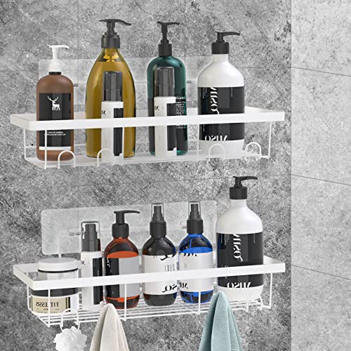 Durmmur 2 Pack Adhesive White Shower Caddy Organizer with Hooks Rustproof No Drilling Wall Mounted Storage Shelf Rack for Inside Shower/Bathroom/Kitchen