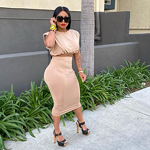 Womens 2 Piece Outfits Skirt Sets Casual Summer Dresses Sleeveless Pad Shoulder Crop Tops Midi Long Skirts Clubwear (S6279-Camel,L) #TOP2