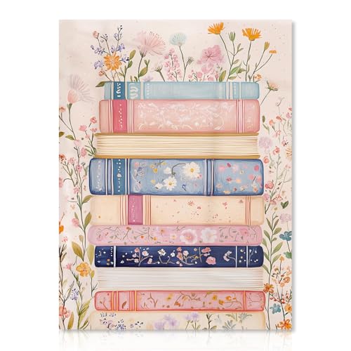 Dazzlewall Vintage Rosa Leinwand Wandkunst, Retro Blumen Buch Stapel Kunstwerk Druck Mädchen Zimmer Schlafsaal Wanddekoration für Schlafzimmer Wohnzimmer, 12x16 zoll Ungerahmt