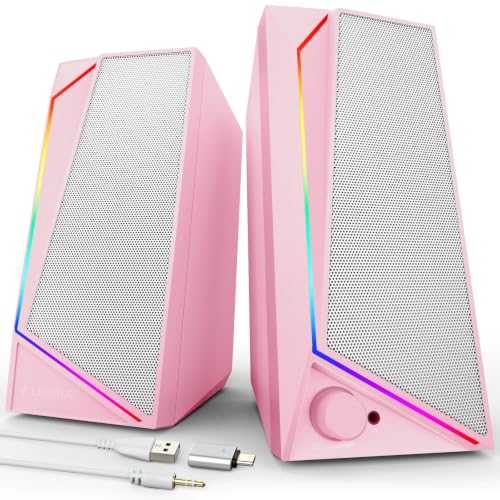 Image of LENRUE Computer Speakers, USB /USB-C Powered AUX Audio for PC Speakers with Loud Stereo Sound, Headphone-in, Touch Lights for Desktop, Computer, Laptop, Desk（USB-C to USB Adapter Included