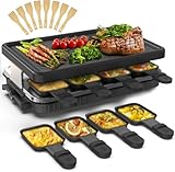 HengBO Raclette Grill für 8 Personen mit 8 Antihaft-Pfännchen, Stufenlos Verstellbare Grillplatte, Elektrisch, 1300 W, Edelstahl, Schwarz
