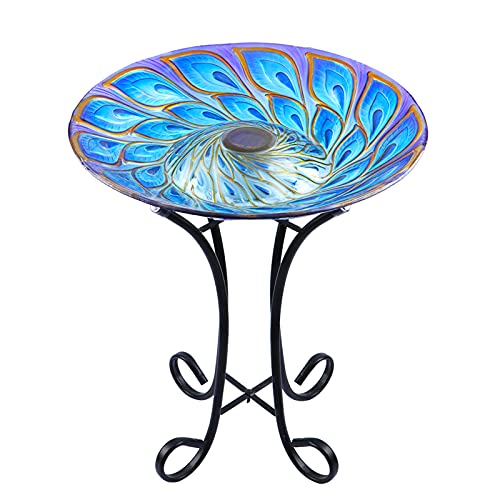MUMTOP Outdoor Glass Bird Bath Solar Birdbaths with Metal Stand for Lawn Yard Garden Peacock Decor 18 Dia 21.65 Height