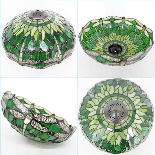 Image of 16 Inch Tiffany Stained Glass Lamp Shade Replacement Only (Green Dragonfly) | Fit For Table Lamps FLoor Lamp Ceiling Fixture Pendant Hanging Light Home Office Decoration