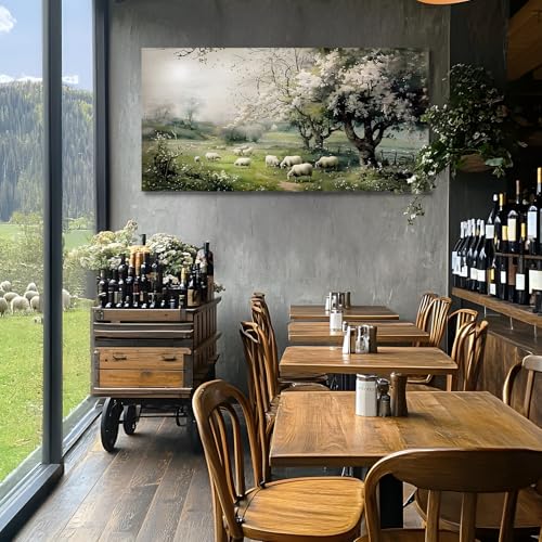 crmotu Landscape Wall Art, Oversized Wall Art, Rustic Wall Decor, Sheep Pasture Canvas Art Prints, Green Natural Scenic Paintings Wall Decor Living Room Bedroom Dining Room Office Farmhouse 30"X60"