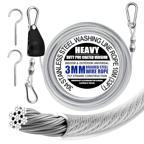 304 Stainless Steel Washing Line Rope 10m (33ft) Heavy Duty Indoor & Outdoor Clothes Line with PVC Coating 3mm 7x7 Braided Wire Windproof Clothesline for Garden Camping & Travel