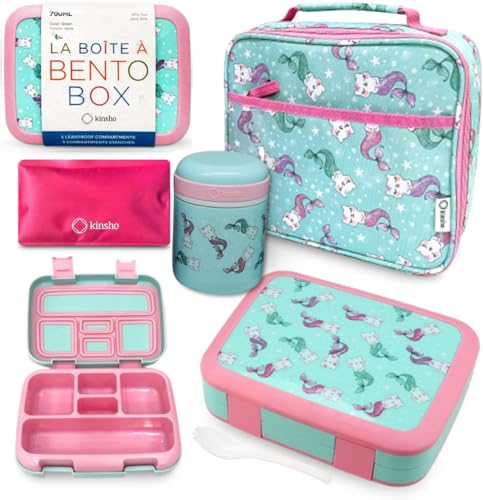 Image of Bento Box with Stainless Steel Food Thermo for Hot Food or Soup, Insulated Lunch Bag, and Ice Pack Set for Kids Girl Toddlers. Ages 3 to 7 Pink Aqua Cat Mermaid