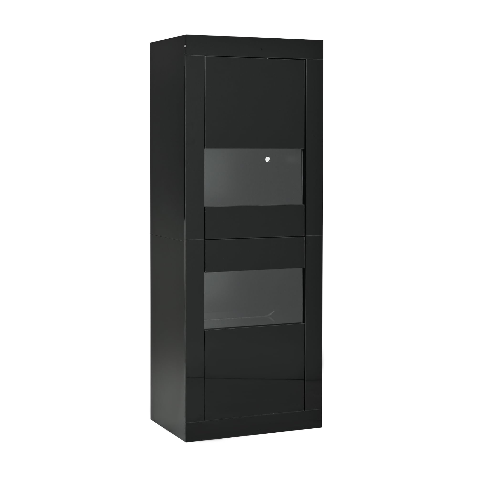 Vitrina negra brillante con iluminación LED, 1 estante de cristal, 61 x 42 x 162 cm, vitrina independiente, armario alto, armario de almacenamiento