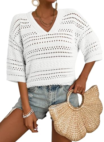 Image of Acelitt Crochet Tops for Women Summer Short Sleeve Sweater | Boho Striped Knit Top, 3 /4 Sleeve, Hollow Out Oversized Sweaters, Lightweight Blouses, Spring Fall Outfits for Beach Vacation