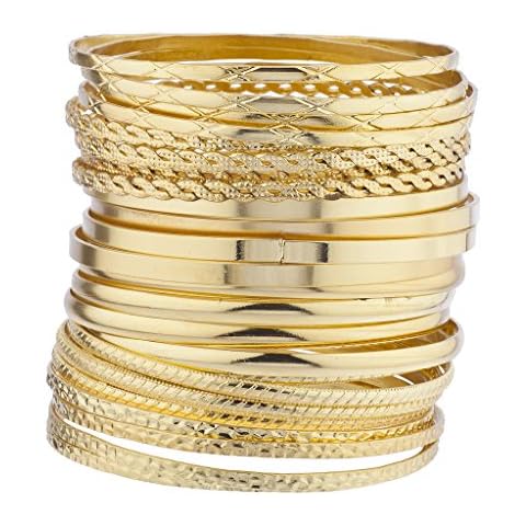 LUX ACCESSORIES Indian Wedding Multi Textured and Smooth Aztec Bangle Bracelet 24pc Set (Shiny Gold) Cover
