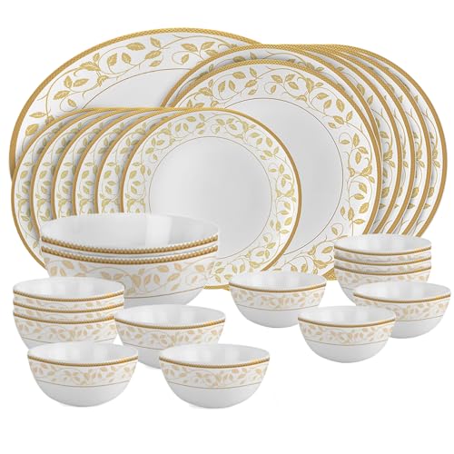 Image of Cello Opalware Divine Series Amber Gold Dinner Set, 27 Units | Opal Glass Dinner Set for 6 | Crockery Set for Festive Ocassions, Parties | White Plate and Bowl Set,Floral