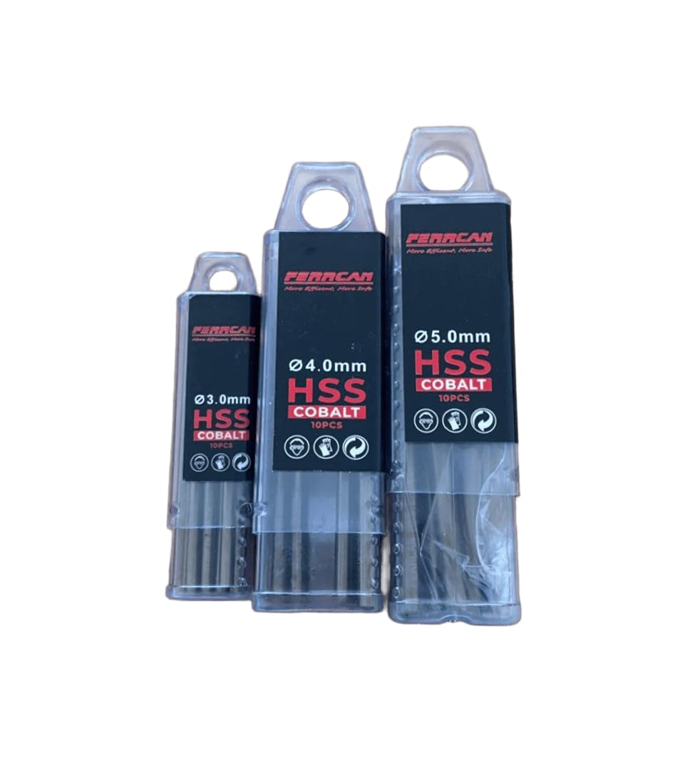 Lote de brocas Ferrcan de 3mm, 4mm, 5mm brocas para metal HSS DIN338 M35 5% cobalto para taladrar en acero inoxidable, hierro y otros metales (paquete de 10 unidades por medida)