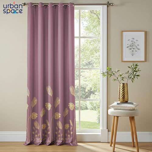 Image of Urban Space 100% True Blackout Curtains for Door, Gold Foil Printed Blackout Curtains, Blackout Decorative Door Curtain Eyelet with Tieback, 1 Piece Curtain for Living Room(Aurika Mauve, 8 Feet)
