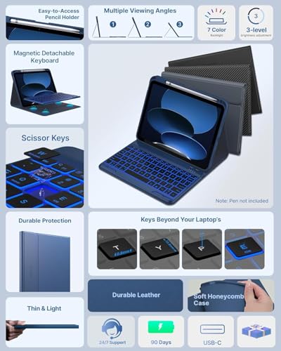 Image of typecase Folio Keyboard Case for iPad A16 (11th, 2025) & iPad 10th Gen 10.9 inch (2022), Magnetic Wireless Detachable Keyboard, 7-Color Premium Backlight, Thin & Light, Pencil Holder - Marine Blue