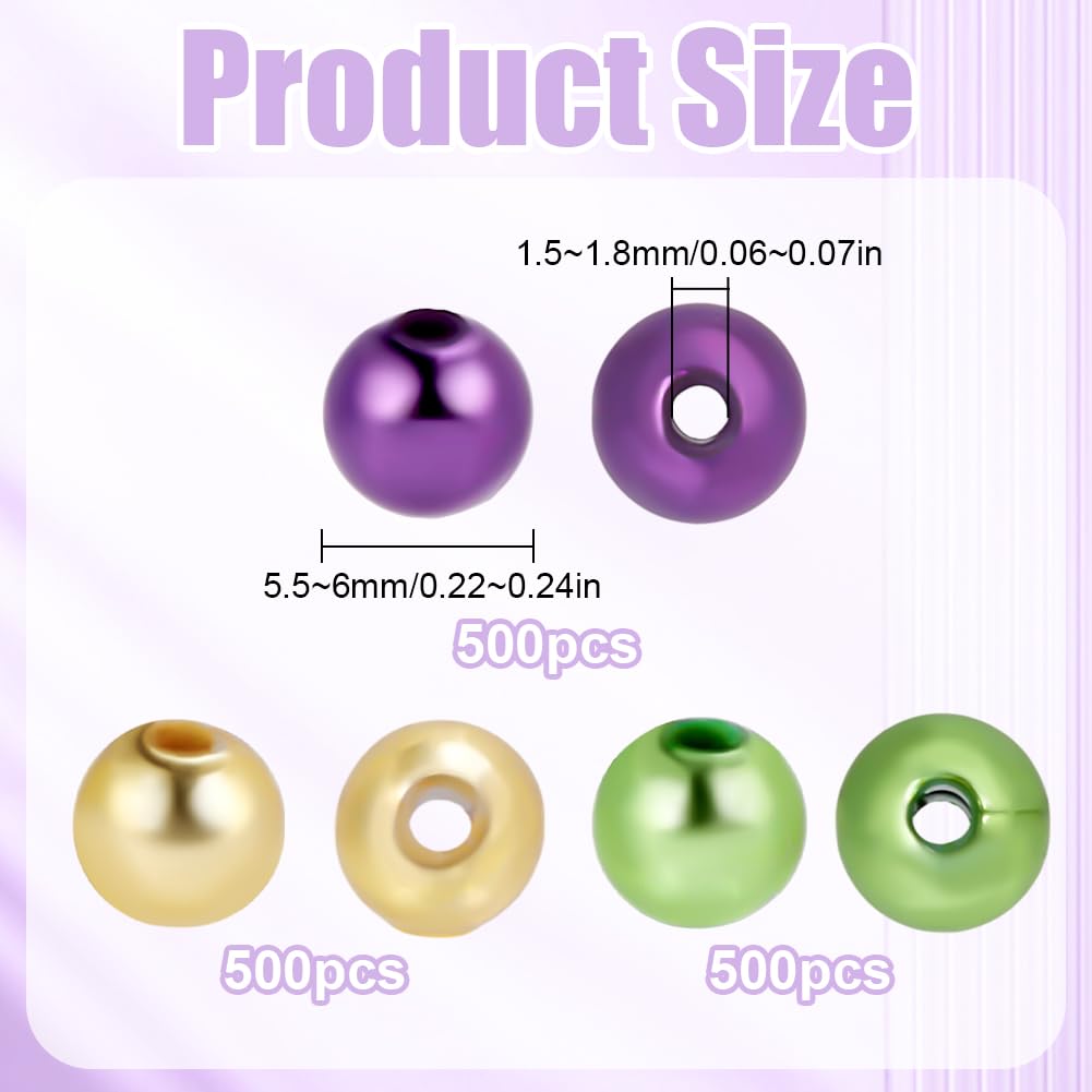 SOFPLATE 1 Box 1500Pcs 3 Styles Carnival Beads Mardi Gras Beads Bulk Purple Green Gold Plastic Metallic Ball Loose Masquerade Parties Round Spacer Beads for Jewelry Making Necklace Bracelet Crafts - Image 2