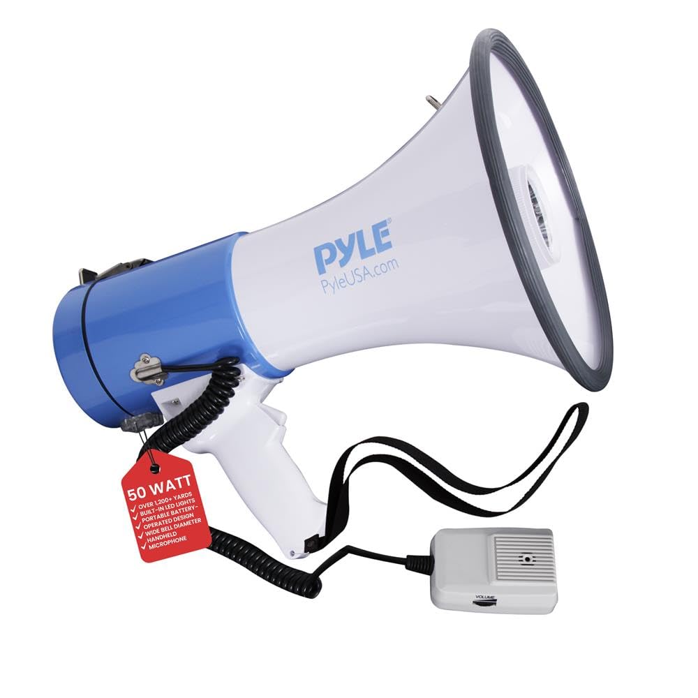 Pyle Klaxon de signal, mégaphone - Mégaphone avec sirène - Mégaphone avec sirène, microphone et lampe de poche, sirène à main comme sirène de police, tourbillon de football à lancer, mégaphone pliable