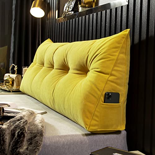 Cojín triangular para cabecero de lectura con cuña y botón copetudo para respaldo, cojín grande en tela de terciopelo de felpilla, color amarillo, 200 cm
