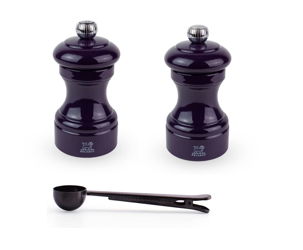 Peugeot Bistro Manual Salt & Pepper Mill Gift Set, Gloss Painted Wood, 10 cm - 4?- With Stainless Steel Spice Scoop/Bag Clip (Eggplant Lacquer)