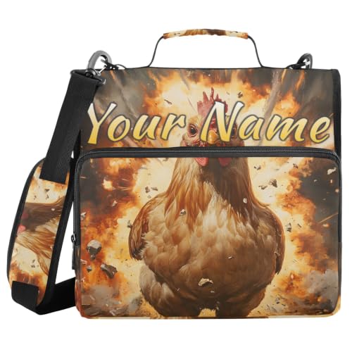 Image of Custom 3 Ring Zipper Binder Funny Rooster Cock Explosion Behind Personalized Name 1.5 Inch Binders Large Capacity Multi Pockets for School Office Supplies