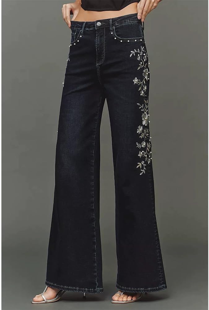Women's High Waisted Stretchy Wide Leg Denim Pants Trendy Floral Embroidered Bootcut Jeans