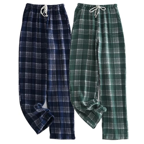 Image of STMAHER 2 Pack Men's Cotton Pajama Bottoms Lightweight Sleep Lounge Pants Plaid Sleepwear Long Pj Pants With Pocket