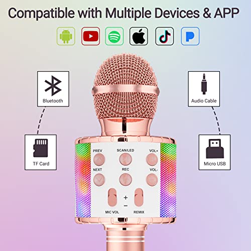 Ankuka-Microfono-Karaoke-Bluetooth-Wireless-Microfono-Bambini-Regalo-per-Bambini-3-12-Anni-Microfono-Giocattolo-Cambia-Voce-Compatibile-con-Android-iOS-PC-Oro-Rosa
