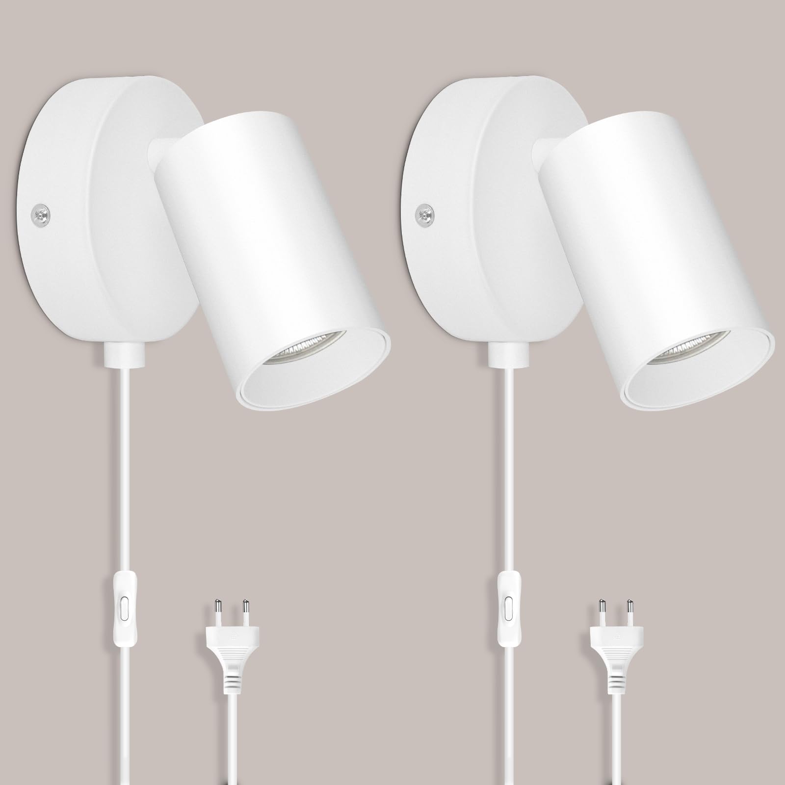 TaFiCo 2 Stücke Wandleuchte mit Stecker und Kabel Weiß GU10 - Wandlampe mit Schalter und Stecker Drehbar 350° Moderne für Schlafzimmer Wohnzimmer Korridor - Ohne Leuchtmittel