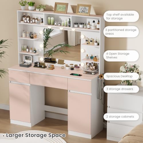 Image of Vanity Desk with Mirror and Lights,43 inch Makeup Vanity Table with with 2 Cabinets and 3 Drawers, Power Outlet & Adjustable LED Lights, Dressing Table for Bedroom,White
