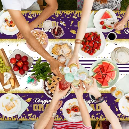 Image of chiazllta Set of 3 Graduation Tablecloths Class of 2026 Congrats Grad Purple Graduation Party Tablecover Decorations Party Supplies Large Size Plastic 54 inchx108 inch(Purple & Gold)